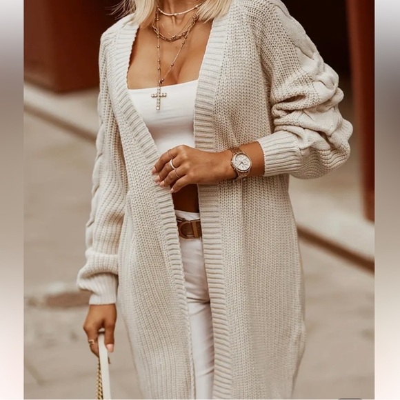 🌾New! Khaki Open Front Cable Knit Long Sleeve Cardigan and in Black! - Picture 1 of 10